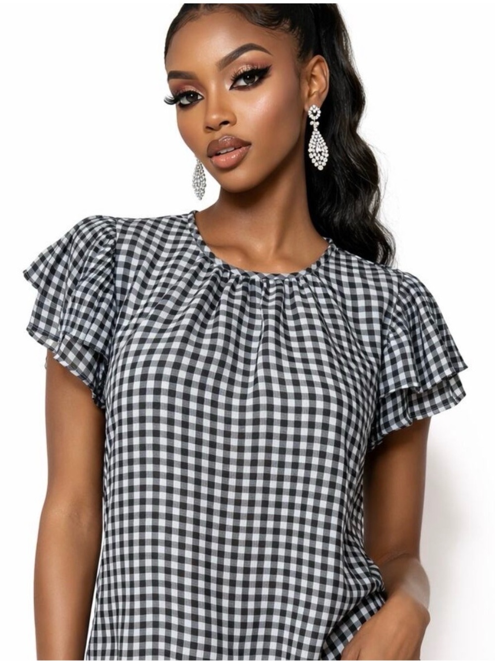 Ann Taylor Navy & White Gingham Flutter Sleeve Top XS